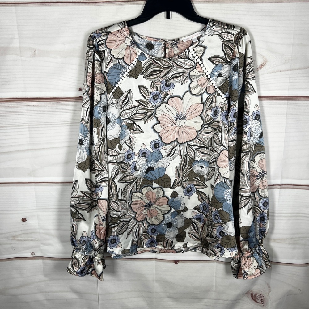 Ces Femme Top‎ Women Large Multicolor Floral Long Sleeve Satin Blouse Pullover